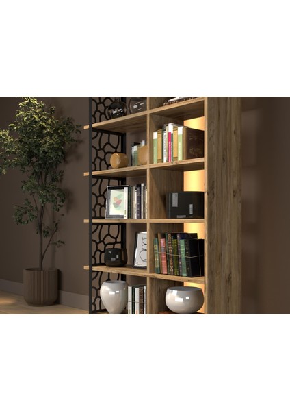 Atlantis LED Işıklı Kumandalı Özel Tasarım Metal Ayaklı Kitaplık - Atlantik Çam fiyatları