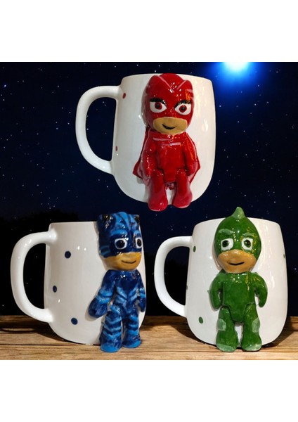 3D Kabartma El Emeği Göz Nuru Pijamaskeliler Pjmasks Seramik Kupa Bardak 400 Ml Hediye Paketi Yapılabilir