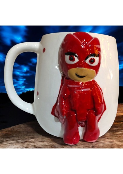 3D Kabartma El Emeği Göz Nuru Pijamaskeliler Baykuş Kız Kırmızı Renk Seramik Kupa Bardak 400 Ml Hediye Paketi Yapılır