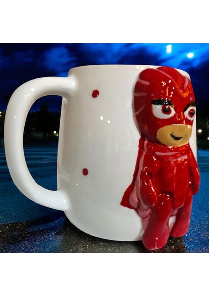 3D Kabartma El Emeği Göz Nuru Pijamaskeliler Baykuş Kız Kırmızı Renk Seramik Kupa Bardak 400 Ml Hediye Paketi Yapılır