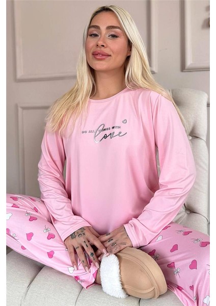Pembe Love Desenli Bambu Uzun Kol Kadın Pijama Takımı