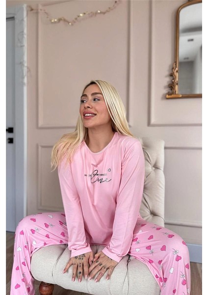 Pembe Love Desenli Bambu Uzun Kol Kadın Pijama Takımı fiyatları