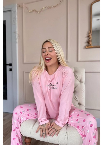 Pembe Love Desenli Bambu Uzun Kol Kadın Pijama Takımı modelleri