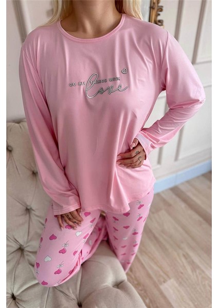Pembe Love Desenli Bambu Uzun Kol Kadın Pijama Takımı fırsatları