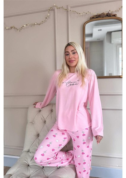 Pembe Love Desenli Bambu Uzun Kol Kadın Pijama Takımı indirimleri