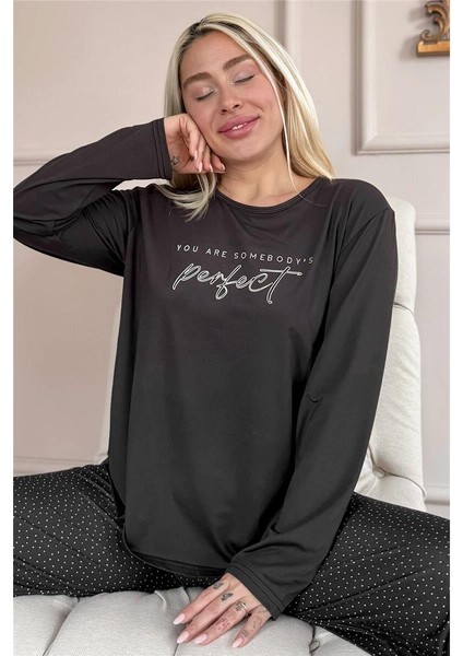 Siyah Perfect Desenli Bambu Uzun Kol Kadın Pijama Takımı