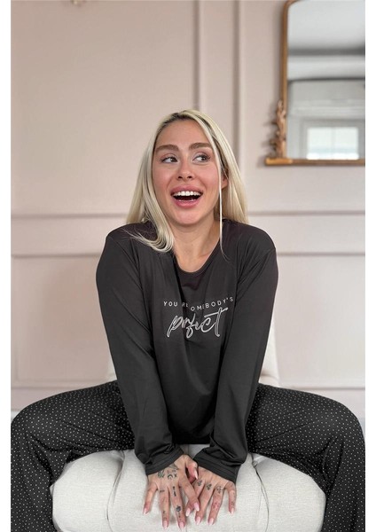 Siyah Perfect Desenli Bambu Uzun Kol Kadın Pijama Takımı