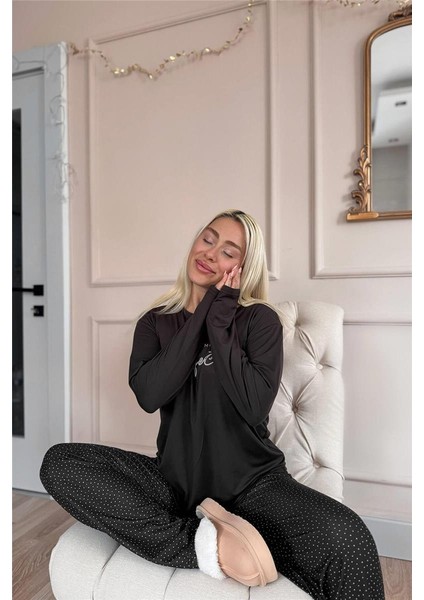Siyah Perfect Desenli Bambu Uzun Kol Kadın Pijama Takımı