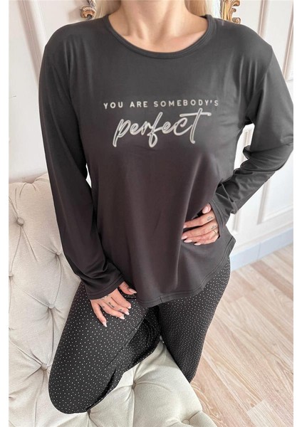 Siyah Perfect Desenli Bambu Uzun Kol Kadın Pijama Takımı