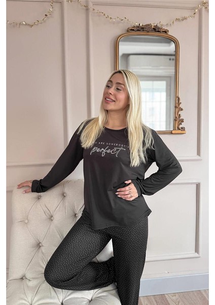 Siyah Perfect Desenli Bambu Uzun Kol Kadın Pijama Takımı