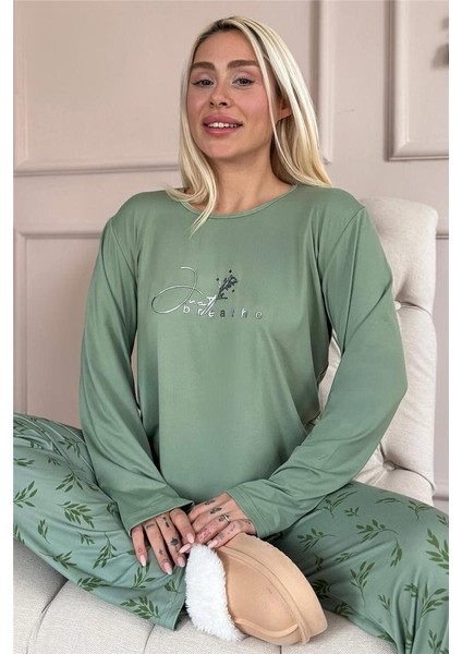 Yeşil Breathe Desenli Bambu Uzun Kol Kadın Pijama Takımı