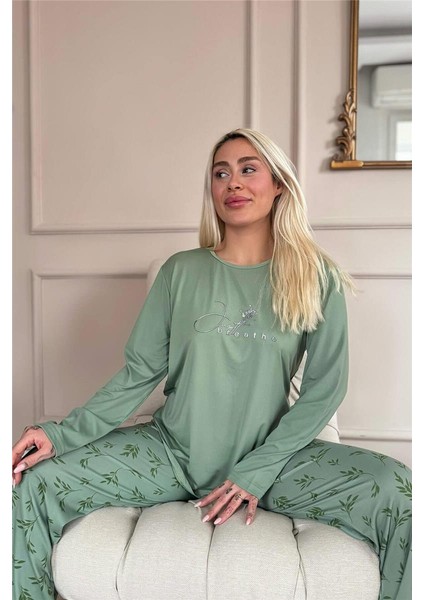 Yeşil Breathe Desenli Bambu Uzun Kol Kadın Pijama Takımı fiyatları