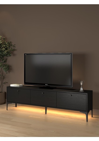 Paris LED Işıklı Dolaplı Minifiksli 160 cm Tv Ünitesi - Tv Sehpası - Wood Siyah