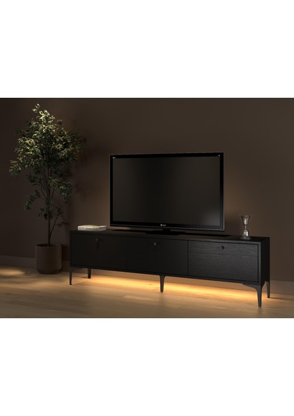 Paris LED Işıklı Dolaplı Minifiksli 160 cm Tv Ünitesi - Tv Sehpası - Wood Siyah modelleri