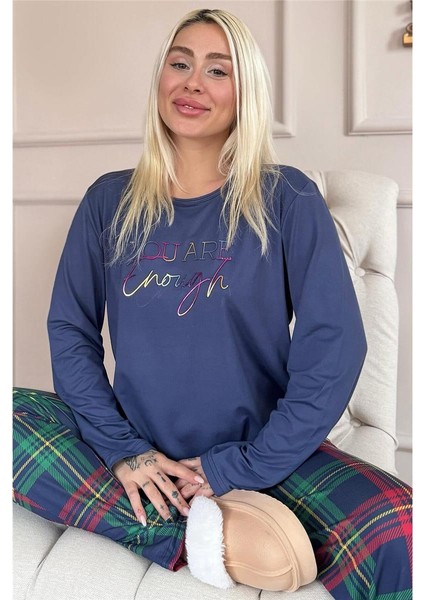 Lacivert Enough Desenli Bambu Uzun Kol Kadın Pijama Takımı