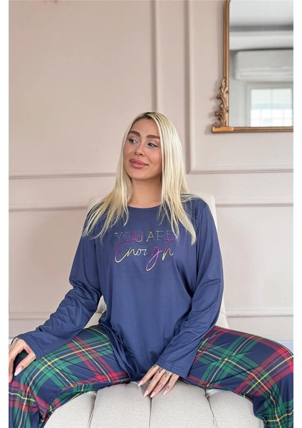 Lacivert Enough Desenli Bambu Uzun Kol Kadın Pijama Takımı