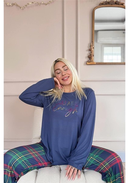 Lacivert Enough Desenli Bambu Uzun Kol Kadın Pijama Takımı