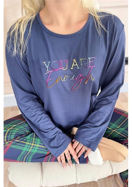 Lacivert Enough Desenli Bambu Uzun Kol Kadın Pijama Takımı