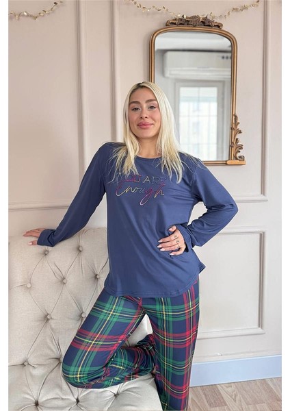 Lacivert Enough Desenli Bambu Uzun Kol Kadın Pijama Takımı