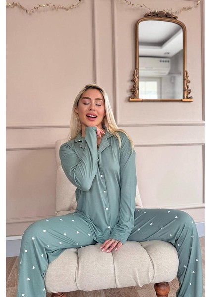 Yeşil Heart Desenli Bambu Önden Düğmeli Uzun Kol Kadın Pijama Takımı