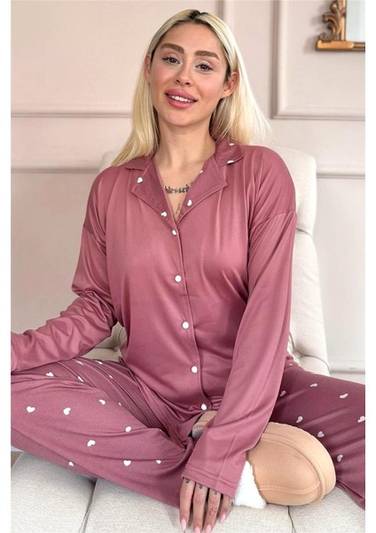 Pudra Heart Desenli Bambu Önden Düğmeli Uzun Kol Kadın Pijama Takımı
