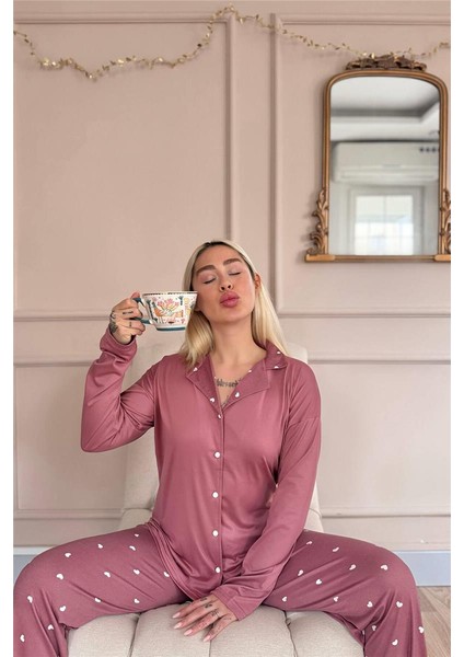 Pudra Heart Desenli Bambu Önden Düğmeli Uzun Kol Kadın Pijama Takımı fiyatları