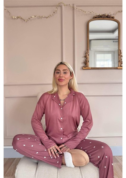 Pudra Heart Desenli Bambu Önden Düğmeli Uzun Kol Kadın Pijama Takımı modelleri