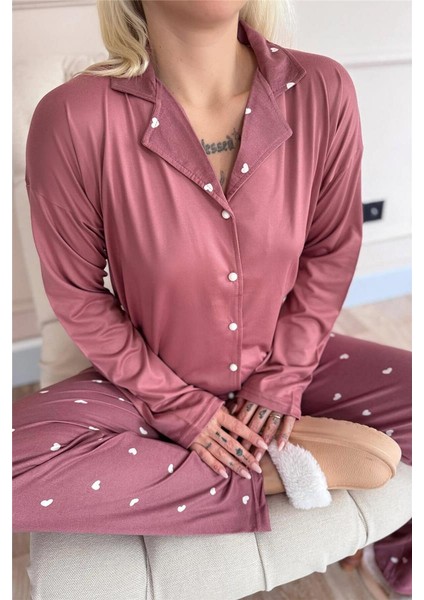 Pudra Heart Desenli Bambu Önden Düğmeli Uzun Kol Kadın Pijama Takımı indirimleri