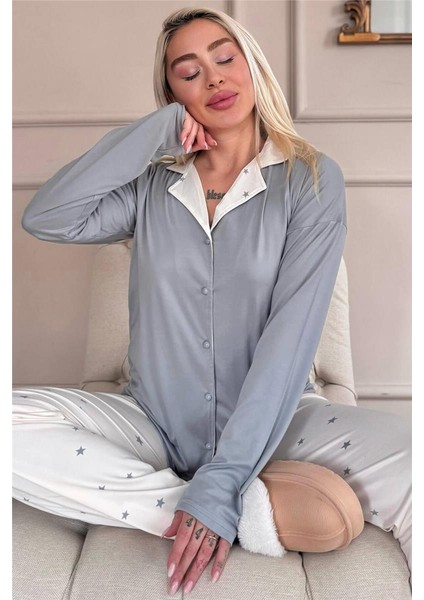 Krem Stars Desenli Bambu Önden Düğmeli Uzun Kol Kadın Pijama Takımı