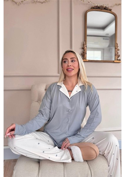 Krem Stars Desenli Bambu Önden Düğmeli Uzun Kol Kadın Pijama Takımı fırsatları