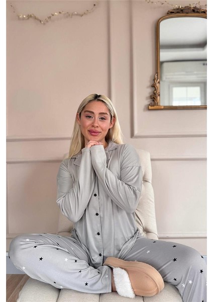 Gri Stars Desenli Bambu Önden Düğmeli Uzun Kol Kadın Pijama Takımı modelleri