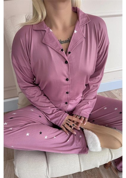Pudra Stars Desenli Bambu Önden Düğmeli Uzun Kol Kadın Pijama Takımı indirimleri