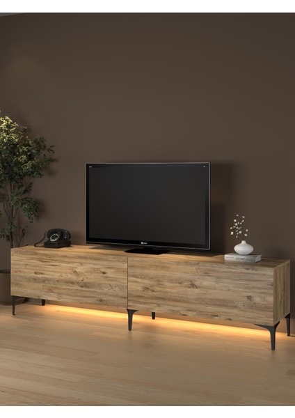 Napoli 200 cm LED Işıklı Geniş Dolaplı Minifiksli Tv Ünitesi - Tv Sehpası - Atlantik Çam