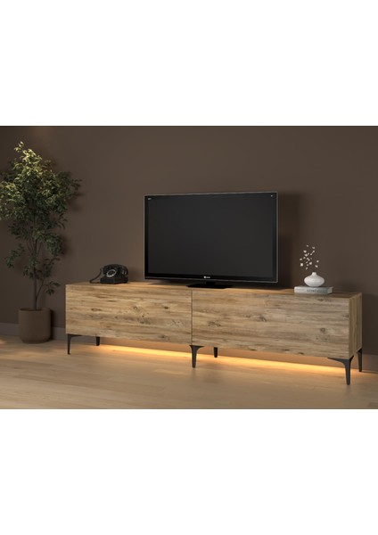 Napoli 200 cm LED Işıklı Geniş Dolaplı Minifiksli Tv Ünitesi - Tv Sehpası - Atlantik Çam fiyatları