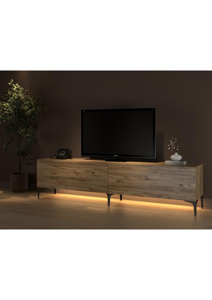 Napoli 200 cm LED Işıklı Geniş Dolaplı Minifiksli Tv Ünitesi - Tv Sehpası - Atlantik Çam modelleri