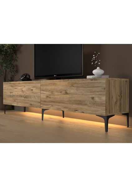 Napoli 200 cm LED Işıklı Geniş Dolaplı Minifiksli Tv Ünitesi - Tv Sehpası - Atlantik Çam fırsatları