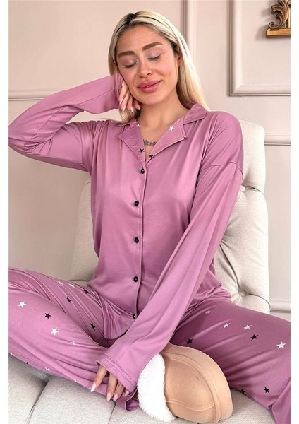 Pudra Stars Desenli Bambu Önden Düğmeli Uzun Kol Kadın Pijama Takımı