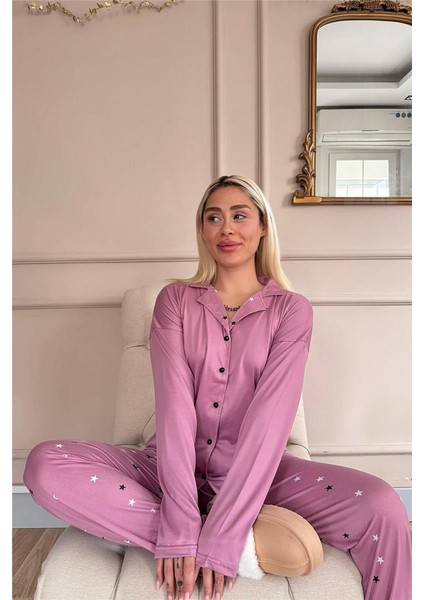 Pudra Stars Desenli Bambu Önden Düğmeli Uzun Kol Kadın Pijama Takımı fiyatları