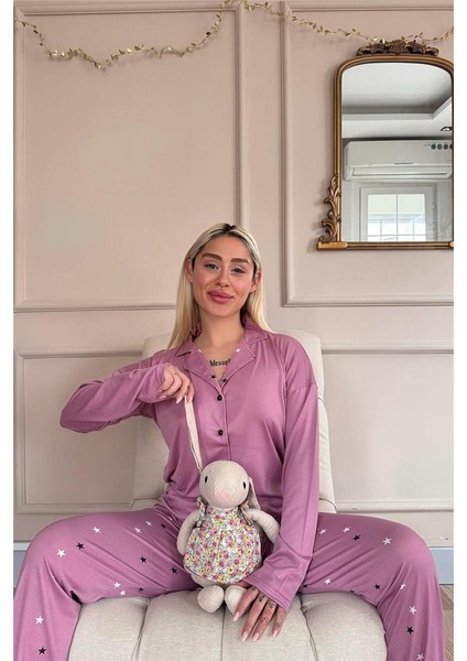 Pudra Stars Desenli Bambu Önden Düğmeli Uzun Kol Kadın Pijama Takımı modelleri