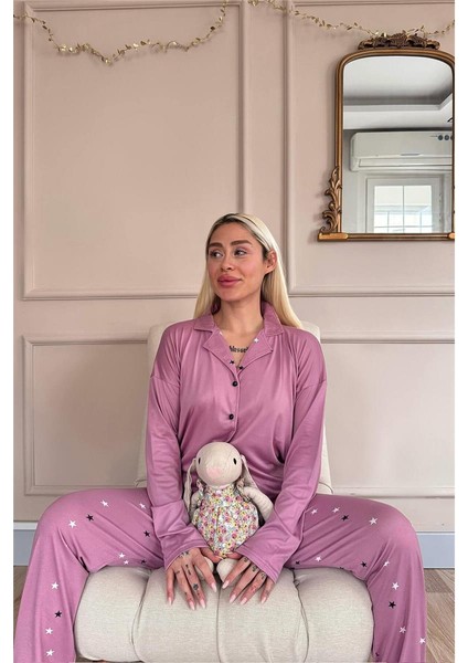 Pudra Stars Desenli Bambu Önden Düğmeli Uzun Kol Kadın Pijama Takımı fırsatları