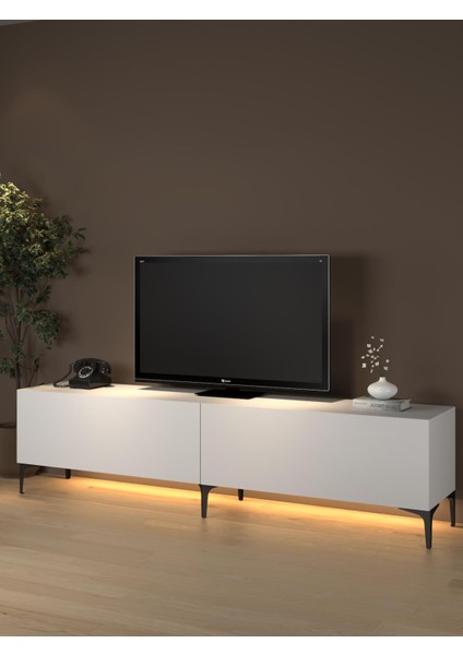 Napoli 200 cm LED Işıklı Geniş Dolaplı Minifiksli Tv Ünitesi - Tv Sehpası - Beyaz