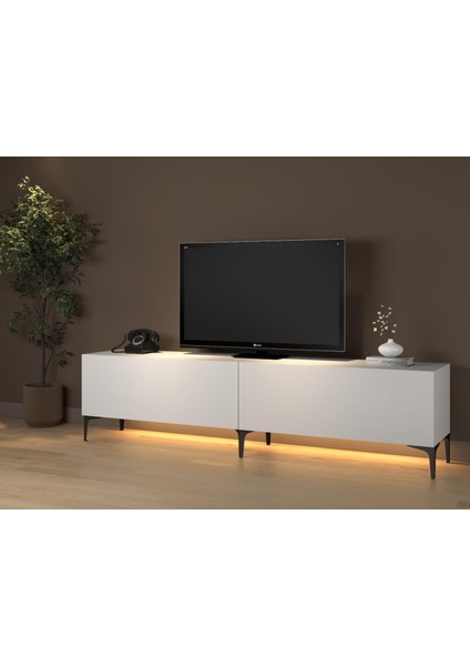 Napoli 200 cm LED Işıklı Geniş Dolaplı Minifiksli Tv Ünitesi - Tv Sehpası - Beyaz fırsatları