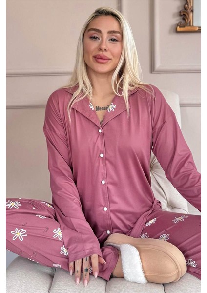 Pudra Daisy Desenli Bambu Önden Düğmeli Uzun Kol Kadın Pijama Takımı