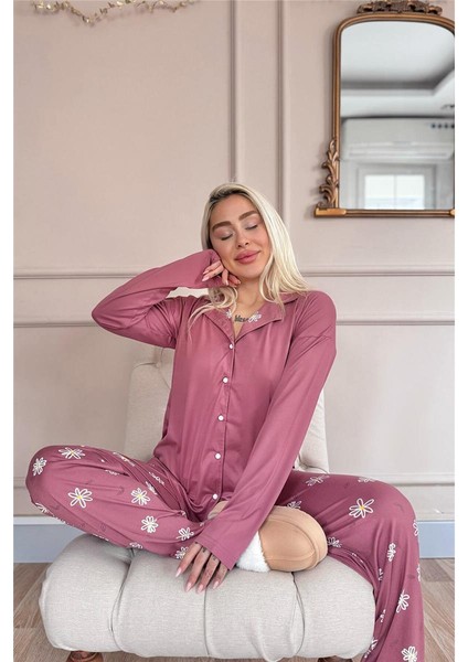 Pudra Daisy Desenli Bambu Önden Düğmeli Uzun Kol Kadın Pijama Takımı fiyatları