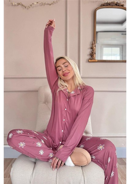 Pudra Daisy Desenli Bambu Önden Düğmeli Uzun Kol Kadın Pijama Takımı modelleri