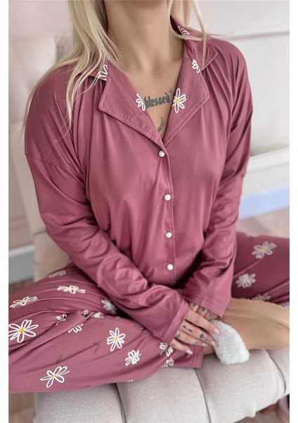 Pudra Daisy Desenli Bambu Önden Düğmeli Uzun Kol Kadın Pijama Takımı fırsatları