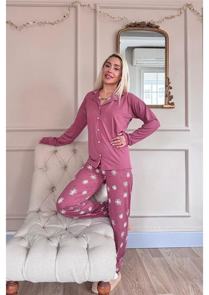 Pudra Daisy Desenli Bambu Önden Düğmeli Uzun Kol Kadın Pijama Takımı indirimleri