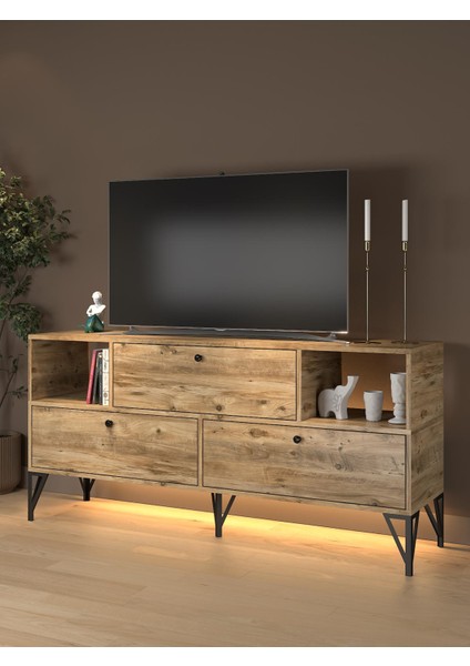 Mila LED Işıklı Dolaplı Minifiksli 160 cm Konsol - Tv Ünitesi - Tv Sehpası - Atlantik Çam