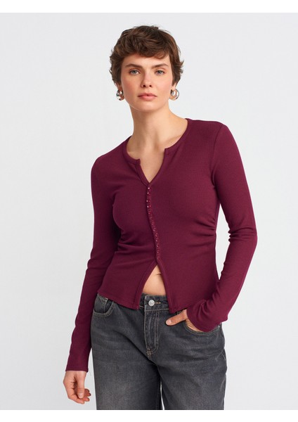 31548 Düğme Detaylı Büzgülü Top-Siyah
