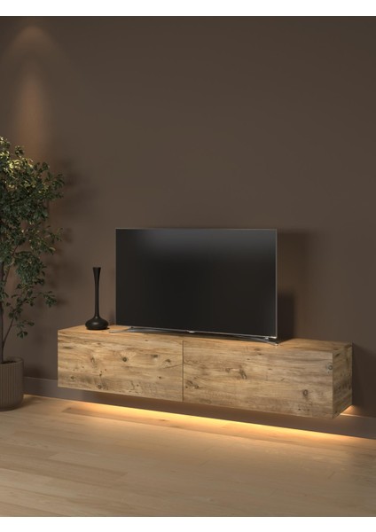 Rami Duvara Monte LED Işıklı, Dolaplı Tv Ünitesi - Tv Sehpası - Minifiksli - Atlantik Çam